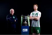 9 February 2022; Bray Wanderers manager Pat Devlin and Hugh Douglas of Bray Wanderers with the SSE Airtricity League First Division trophy at the launch of the SSE Airtricity Premier & First Division and Women's National League 2022 season held at HBV Studios in Clarehall, Dublin. Photo by Harry Murphy/Sportsfile