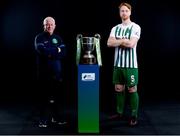 9 February 2022; Bray Wanderers manager Pat Devlin and Hugh Douglas of Bray Wanderers with the SSE Airtricity League First Division trophy at the launch of the SSE Airtricity Premier & First Division and Women's National League 2022 season held at HBV Studios in Clarehall, Dublin. Photo by Harry Murphy/Sportsfile