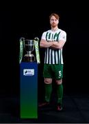 9 February 2022; Hugh Douglas of Bray Wanderers with the SSE Airtricity League First Division trophy at the launch of the SSE Airtricity Premier & First Division and Women's National League 2022 season held at HBV Studios in Clarehall, Dublin. Photo by Harry Murphy/Sportsfile