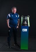 9 February 2022; Athlone Town manager Martin Russell with the SSE Airtricity League First Division trophy at the launch of the SSE Airtricity Premier & First Division and Women's National League 2022 season held at HBV Studios in Clarehall, Dublin. Photo by Harry Murphy/Sportsfile