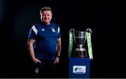 9 February 2022; Athlone Town manager Martin Russell with the SSE Airtricity League First Division trophy at the launch of the SSE Airtricity Premier & First Division and Women's National League 2022 season held at HBV Studios in Clarehall, Dublin. Photo by Harry Murphy/Sportsfile