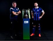 9 February 2022; Athlone Town manager Martin Russell and Derek Daly of Athlone Town with the SSE Airtricity League First Division trophy at the launch of the SSE Airtricity Premier & First Division and Women's National League 2022 season held at at HBV Studios in Clarehall, Dublin. Photo by Harry Murphy/Sportsfile