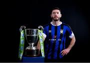 9 February 2022; Derek Daly of Athlone Town with the SSE Airtricity League First Division trophy at the launch of the SSE Airtricity Premier & First Division and Women's National League 2022 season held at at HBV Studios in Clarehall, Dublin. Photo by Harry Murphy/Sportsfile