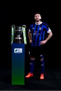 9 February 2022; Derek Daly of Athlone Town with the SSE Airtricity League First Division trophy at the launch of the SSE Airtricity Premier & First Division and Women's National League 2022 season held at at HBV Studios in Clarehall, Dublin. Photo by Harry Murphy/Sportsfile