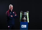 9 February 2022; Treaty United's Dave Mahedy with the SSE Airtricity League First Division trophy at the launch of the SSE Airtricity Premier & First Division and Women's National League 2022 season held at HBV Studios in Clarehall, Dublin. Photo by Harry Murphy/Sportsfile