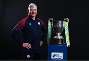 9 February 2022; Treaty United's Dave Mahedy with the SSE Airtricity League First Division trophy at the launch of the SSE Airtricity Premier & First Division and Women's National League 2022 season held at at HBV Studios in Clarehall, Dublin. Photo by Harry Murphy/Sportsfile