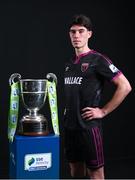 9 February 2022; Joe Manley of Wexford FC with the SSE Airtricity League First Division trophy at the launch of the SSE Airtricity Premier & First Division and Women's National League 2022 season held at at HBV Studios in Clarehall, Dublin. Photo by Harry Murphy/Sportsfile