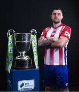 9 February 2022; Jack Brady of Treaty United with the SSE Airtricity League First Division trophy at the launch of the SSE Airtricity Premier & First Division and Women's National League 2022 season held at at HBV Studios in Clarehall, Dublin. Photo by Harry Murphy/Sportsfile