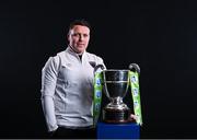 9 February 2022; Wexford FC manager Ian Ryan with the SSE Airtricity League First Division trophy at the launch of the SSE Airtricity Premier & First Division and Women's National League 2022 season held at at HBV Studios in Clarehall, Dublin. Photo by Harry Murphy/Sportsfile