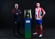 9 February 2022; Treaty United's Dave Mahedy and Jack Brady with the SSE Airtricity League First Division trophy at the launch of the SSE Airtricity Premier & First Division and Women's National League 2022 season held at at HBV Studios in Clarehall, Dublin. Photo by Harry Murphy/Sportsfile