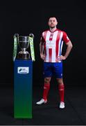 9 February 2022; Jack Brady of Treaty United with the SSE Airtricity League First Division trophy at the launch of the SSE Airtricity Premier & First Division and Women's National League 2022 season held at at HBV Studios in Clarehall, Dublin. Photo by Harry Murphy/Sportsfile