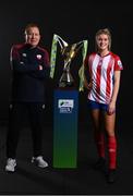 9 February 2022; Treaty United manager Don O'Riordan and Jesse Mendez of Treaty United with the SSE Airtricity Women's National League trophy at the launch of the SSE Airtricity Premier & First Division and Women's National League 2022 season held at HBV Studios in Clarehall, Dublin. Photo by Harry Murphy/Sportsfile