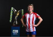 9 February 2022; Jesse Mendez of Treaty United with the SSE Airtricity Women's National League trophy at the launch of the SSE Airtricity Premier & First Division and Women's National League 2022 season held at HBV Studios in Clarehall, Dublin. Photo by Harry Murphy/Sportsfile