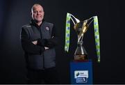 9 February 2022; Bohemians assistant manager Pat Trehy with the SSE Airtricity Women's National League trophy at the launch of the SSE Airtricity Premier & First Division and Women's National League 2022 season held at HBV Studios in Clarehall, Dublin. Photo by Harry Murphy/Sportsfile