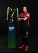 9 February 2022; Sinead Taylor of Bohemians with the SSE Airtricity Women's National League trophy at the launch of the SSE Airtricity Premier & First Division and Women's National League 2022 season held at HBV Studios in Clarehall, Dublin. Photo by Harry Murphy/Sportsfile