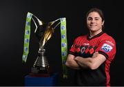 9 February 2022; Sinead Taylor of Bohemians with the SSE Airtricity Women's National League trophy at the launch of the SSE Airtricity Premier & First Division and Women's National League 2022 season held at at HBV Studios in Clarehall, Dublin. Photo by Harry Murphy/Sportsfile