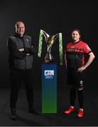 9 February 2022; Bohemians assistant manager Pat Trehy and Sinead Taylor of Bohemians with the SSE Airtricity Women's National League trophy at the launch of the SSE Airtricity Premier & First Division and Women's National League 2022 season held at HBV Studios in Clarehall, Dublin. Photo by Harry Murphy/Sportsfile