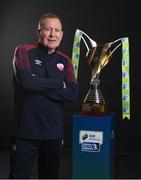 9 February 2022; Treaty United manager Don O'Riordan with the SSE Airtricity Women's National League trophy at the launch of the SSE Airtricity Premier & First Division and Women's National League 2022 season held at HBV Studios in Clarehall, Dublin. Photo by Harry Murphy/Sportsfile