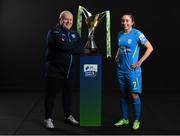9 February 2022;DLR Waves manager Graham Kelly and Rachel Doyle of DLR Waves with the SSE Airtricity Women's National League trophy at the launch of the SSE Airtricity Premier & First Division and Women's National League 2022 season held at HBV Studios in Clarehall, Dublin. Photo by Harry Murphy/Sportsfile