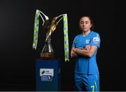 9 February 2022; Rachel Doyle of DLR Waves with the SSE Airtricity Women's National League trophy at the launch of the SSE Airtricity Premier & First Division and Women's National League 2022 season held at HBV Studios in Clarehall, Dublin. Photo by Harry Murphy/Sportsfile