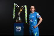 9 February 2022; Rachel Doyle of DLR Waves with the SSE Airtricity Women's National League trophy at the launch of the SSE Airtricity Premier & First Division and Women's National League 2022 season held at HBV Studios in Clarehall, Dublin. Photo by Harry Murphy/Sportsfile