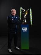 9 February 2022; DLR Waves manager Graham Kelly and Rachel Doyle of DLR Waves with the SSE Airtricity Women's National League trophy at the launch of the SSE Airtricity Premier & First Division and Women's National League 2022 season held at HBV Studios in Clarehall, Dublin. Photo by Harry Murphy/Sportsfile