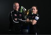 9 February 2022; Wexford Youths Women manager Stephen Quinn and Kylie Murphy of Wexford Youths Women with the SSE Airtricity Women's National League trophy at the launch of the SSE Airtricity Premier & First Division and Women's National League 2022 season held at HBV Studios in Clarehall, Dublin. Photo by Harry Murphy/Sportsfile
