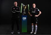 9 February 2022; Wexford Youths Women manager Stephen Quinn and Kylie Murphy of Wexford Youths Women with the SSE Airtricity Women's National League trophy at the launch of the SSE Airtricity Premier & First Division and Women's National League 2022 season held at HBV Studios in Clarehall, Dublin. Photo by Harry Murphy/Sportsfile