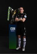 9 February 2022; Kylie Murphy of Wexford Youths Women with the SSE Airtricity Women's National League trophy at the launch of the SSE Airtricity Premier & First Division and Women's National League 2022 season held at HBV Studios in Clarehall, Dublin. Photo by Harry Murphy/Sportsfile