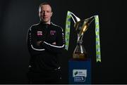 9 February 2022; Wexford Youths Women manager Stephen Quinn with the SSE Airtricity Women's National League trophy at the launch of the SSE Airtricity Premier & First Division and Women's National League 2022 season held at HBV Studios in Clarehall, Dublin. Photo by Harry Murphy/Sportsfile