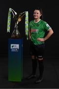 9 February 2022; Tiegan Ruddy of Peamount United with the SSE Airtricity Women's National League trophy at the launch of the SSE Airtricity Premier & First Division and Women's National League 2022 season held at HBV Studios in Clarehall, Dublin. Photo by Harry Murphy/Sportsfile