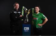 9 February 2022; Peamount United manager James O'Callaghan and Tiegan Ruddy of Peamount United with the SSE Airtricity Women's National League trophy at the launch of the SSE Airtricity Premier & First Division and Women's National League 2022 season held at HBV Studios in Clarehall, Dublin. Photo by Harry Murphy/Sportsfile