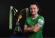 9 February 2022; Tiegan Ruddy of Peamount United with the SSE Airtricity Women's National League trophy at the launch of the SSE Airtricity Premier & First Division and Women's National League 2022 season held at HBV Studios in Clarehall, Dublin. Photo by Harry Murphy/Sportsfile