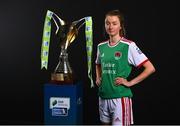 9 February 2022; Danielle Burke of Cork City with the SSE Airtricity Women's National League trophy at the launch of the SSE Airtricity Premier & First Division and Women's National League 2022 season held at HBV Studios in Clarehall, Dublin. Photo by Harry Murphy/Sportsfile