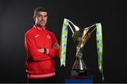 9 February 2022; Sligo Rovers manager Steve Feeney with the SSE Airtricity Women's National League trophy at the launch of the SSE Airtricity Premier & First Division and Women's National League 2022 season held at HBV Studios in Clarehall, Dublin. Photo by Harry Murphy/Sportsfile
