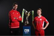 9 February 2022; Sligo Rovers manager Steve Feeney and Emma Hansberry of Sligo Rovers with the SSE Airtricity Women's National League trophy at the launch of the SSE Airtricity Premier & First Division and Women's National League 2022 season held at HBV Studios in Clarehall, Dublin. Photo by Harry Murphy/Sportsfile