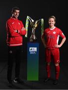 9 February 2022; Sligo Rovers manager Steve Feeney and Emma Hansberry of Sligo Rovers with the SSE Airtricity Women's National League trophy at the launch of the SSE Airtricity Premier & First Division and Women's National League 2022 season held at HBV Studios in Clarehall, Dublin. Photo by Harry Murphy/Sportsfile