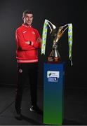 9 February 2022; Sligo Rovers manager Steve Feeney with the SSE Airtricity Women's National League trophy at the launch of the SSE Airtricity Premier & First Division and Women's National League 2022 season held at HBV Studios in Clarehall, Dublin. Photo by Harry Murphy/Sportsfile