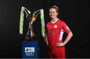 9 February 2022; Emma Hansberry of Sligo Rovers with the SSE Airtricity Women's National League trophy at the launch of the SSE Airtricity Premier & First Division and Women's National League 2022 season held at HBV Studios in Clarehall, Dublin. Photo by Harry Murphy/Sportsfile