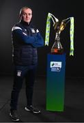 9 February 2022; Athlone Town manager Tommy Hewitt with the SSE Airtricity Women's National League trophy at the launch of the SSE Airtricity Premier & First Division and Women's National League 2022 season held at HBV Studios in Clarehall, Dublin. Photo by Harry Murphy/Sportsfile