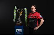 9 February 2022; Sinead Taylor of Bohemians with the SSE Airtricity Women's National League trophy at the launch of the SSE Airtricity Premier & First Division and Women's National League 2022 season held at HBV Studios in Clarehall, Dublin. Photo by Harry Murphy/Sportsfile