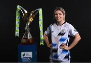 9 February 2022; Laurie Ryan of Athlone Town AFC with the SSE Airtricity Women's National League trophy at the launch of the SSE Airtricity Premier & First Division and Women's National League 2022 season held at HBV Studios in Clarehall, Dublin. Photo by Harry Murphy/Sportsfile