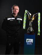 9 February 2022; Peamount United manager James O'Callaghan with the SSE Airtricity Women's National League trophy at the launch of the SSE Airtricity Premier & First Division and Women's National League 2022 season held at HBV Studios in Clarehall, Dublin. Photo by Harry Murphy/Sportsfile