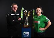 9 February 2022; Peamount United manager James O'Callaghan and Tiegan Ruddy of Peamount United with the SSE Airtricity Women's National League trophy at the launch of the SSE Airtricity Premier & First Division and Women's National League 2022 season held at HBV Studios in Clarehall, Dublin. Photo by Harry Murphy/Sportsfile
