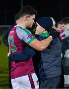 10 February 2022; Tomo Culhane of NUI Galway celebrates with selector Paddy Moran after the Electric Ireland HE GAA Sigerson Cup Semi-Final match between NUI Galway and MTU Kerry at Mick Neville Park in Rathkeale, Limerick. Photo by Diarmuid Greene/Sportsfile