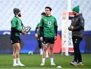 11 February 2022; Ireland assistant coach Mike Catt, right, with Joey Carbery, centre, and Jamison Gibson Park during the Ireland captain's run at Stade de France in Paris, France. Photo by Seb Daly/Sportsfile
