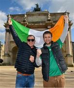 11 February 2022; Ireland supporters Connor Clarke, from Dunboyne, Meath, and Philip O'Reilly, from Duncannon, Wexford, at the Arc de Triomphe du Carrousel in Paris, France, ahead of the Guinness Six Nations Rugby Championship match between France and Ireland. Photo by Seb Daly/Sportsfile