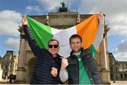 11 February 2022; Ireland supporters Connor Clarke, from Dunboyne, Meath, and Philip O'Reilly, from Duncannon, Wexford, at the Arc de Triomphe du Carrousel in Paris, France, ahead of the Guinness Six Nations Rugby Championship match between France and Ireland. Photo by Seb Daly/Sportsfile