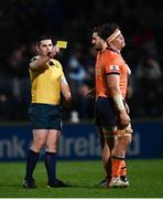 11 February 2022; Referee Adam Jones shows a yellow card to Connor Boyle of Edinburgh during the United Rugby Championship match between Leinster and Edinburgh at the RDS Arena in Dublin. Photo by David Fitzgerald/Sportsfile