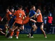 11 February 2022; Ciarán Frawley of Leinster is tackled by Connor Boyle of Edinburgh for which the Edinburgh player is awarded a yellow card for a high tackle during the United Rugby Championship match between Leinster and Edinburgh at the RDS Arena in Dublin. Photo by David Fitzgerald/Sportsfile